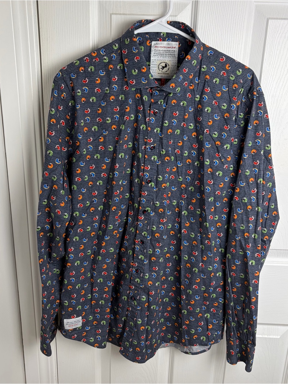 A fish named Fred button down shirt with helmets all over print US large